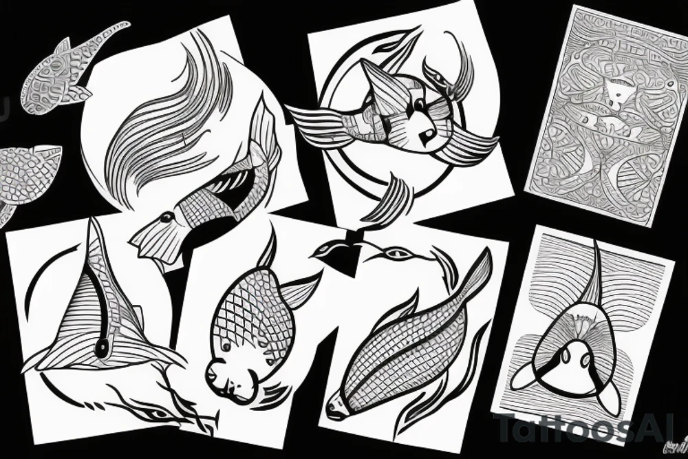 Weird cat licking flying fish tattoo idea