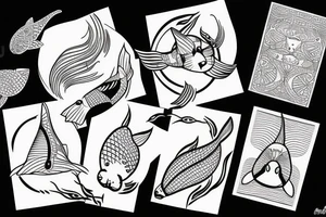 Weird cat licking flying fish tattoo idea