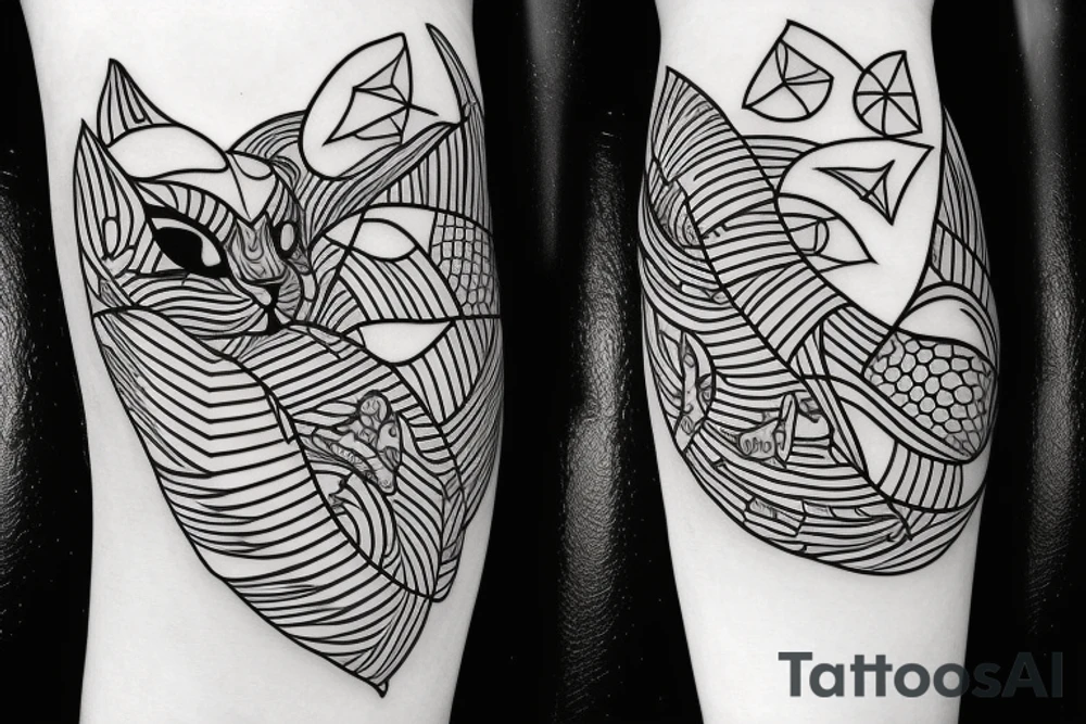 Weird cat licking flying fish tattoo idea