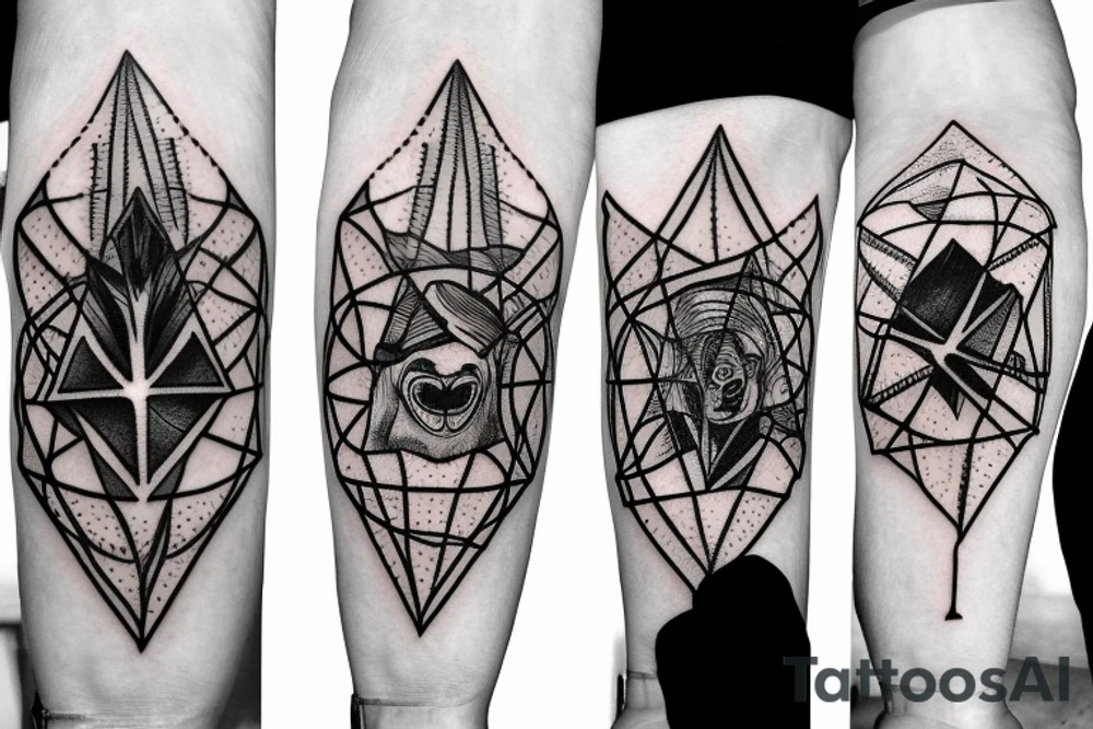 An Eye of Providence from the skull of a skeleton crossed by a tree tattoo idea