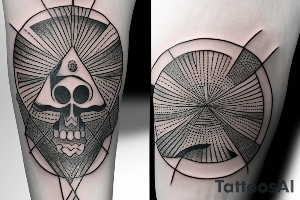 An Eye of Providence from the skull of a skeleton crossed by a tree tattoo idea