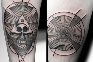 An Eye of Providence from the skull of a skeleton crossed by a tree tattoo idea
