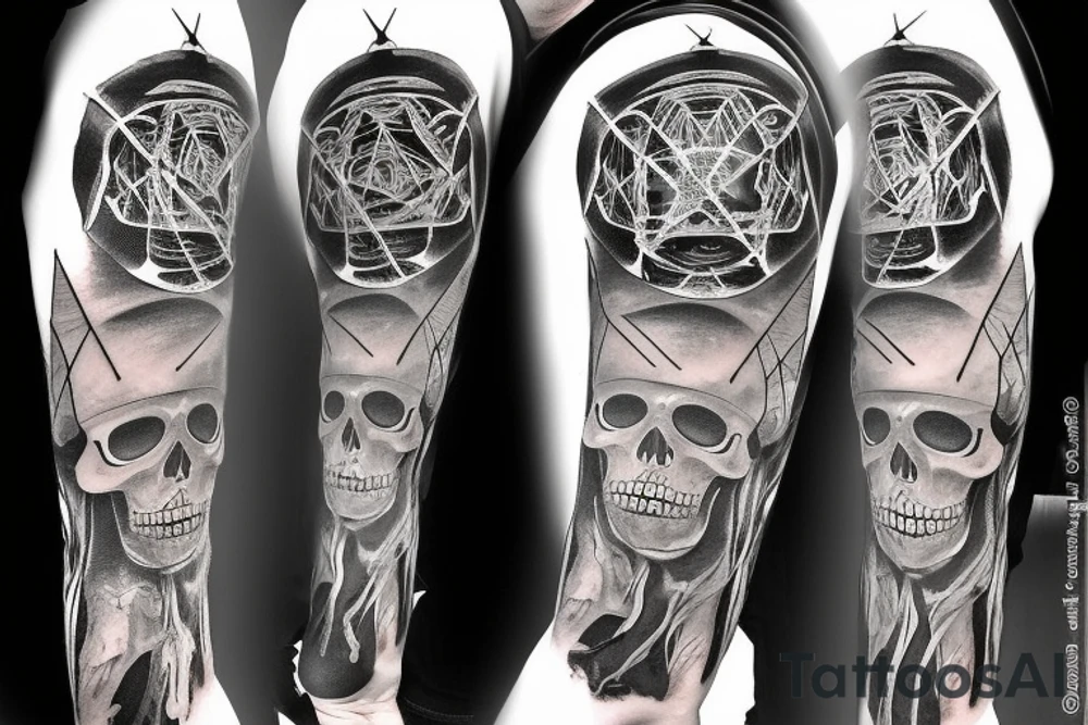 A skeleton crossed by millenary tree with An Eye of Providence in the skull tattoo idea