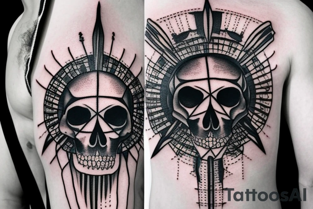 A skeleton crossed by millenary tree with An Eye of Providence in the skull tattoo idea