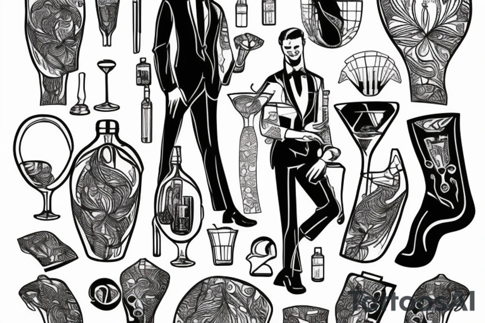 man in suit holding a martini glass tattoo idea