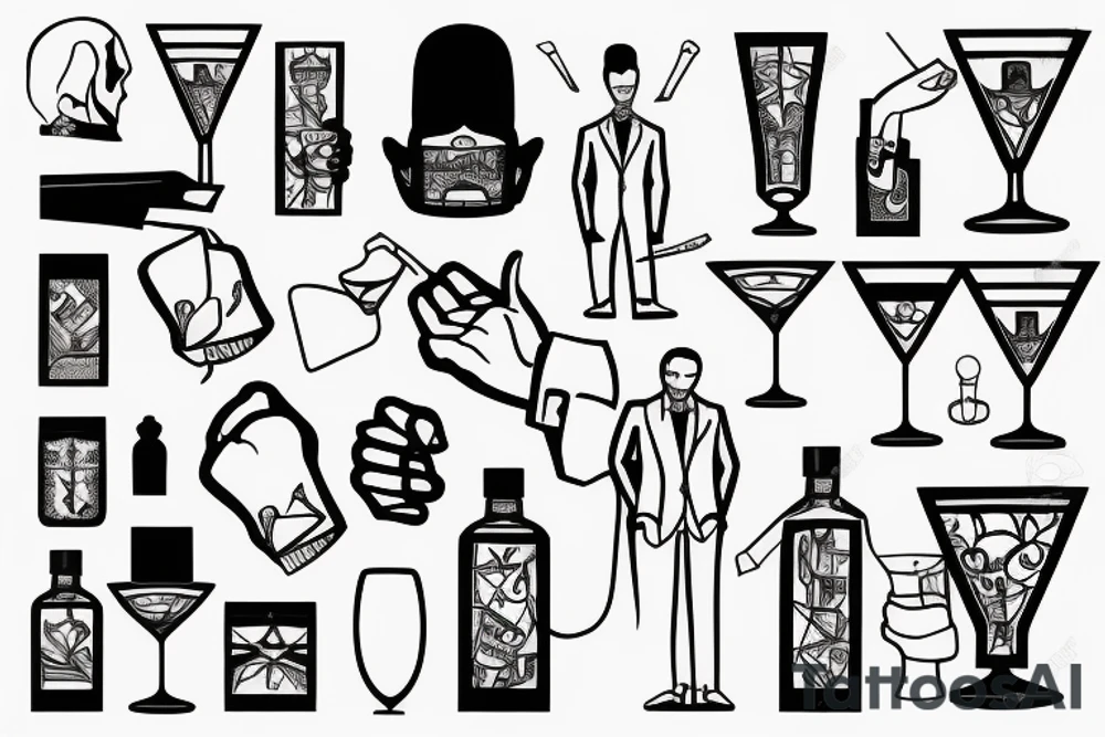 man in suit holding a martini glass tattoo idea