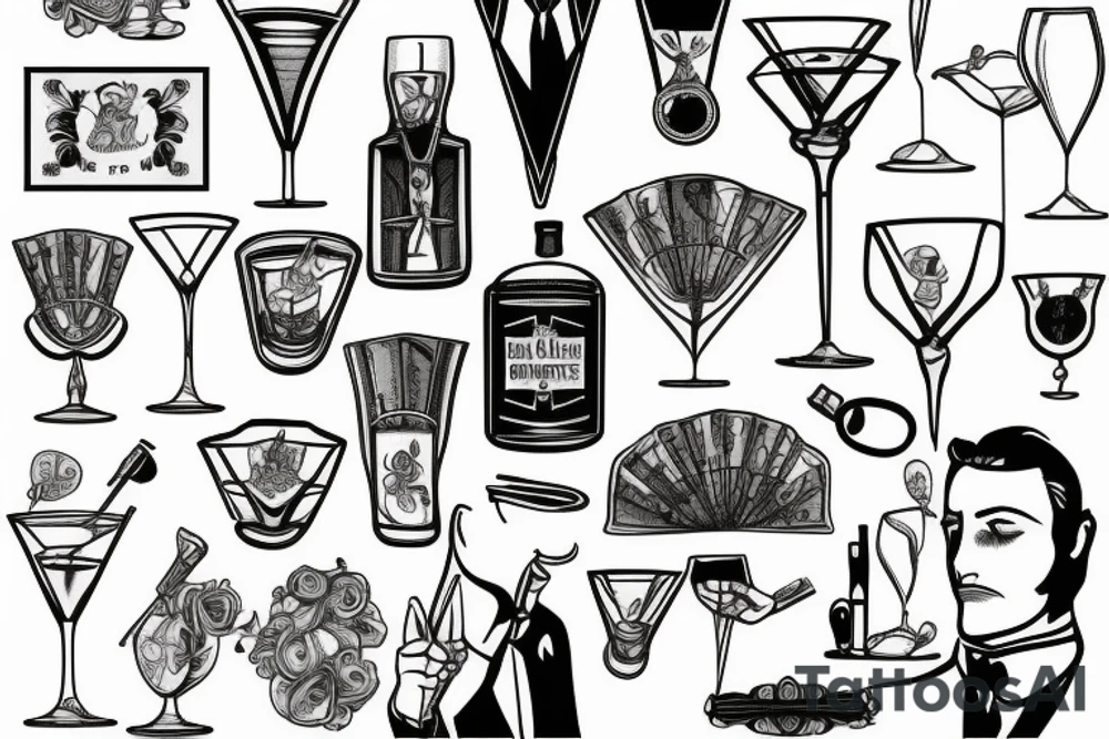 man in suit holding a martini glass tattoo idea