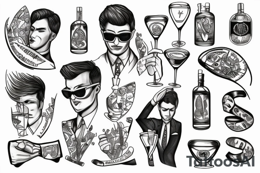 man in suit holding a martini glass tattoo idea