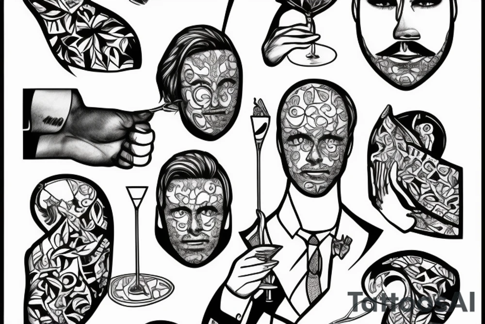 man in suit holding a martini glass tattoo idea