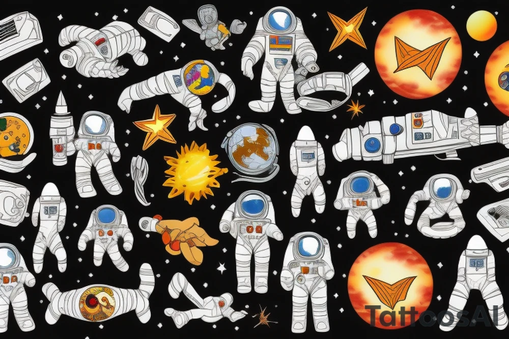 Two astronauts cartoon playing tattoo idea