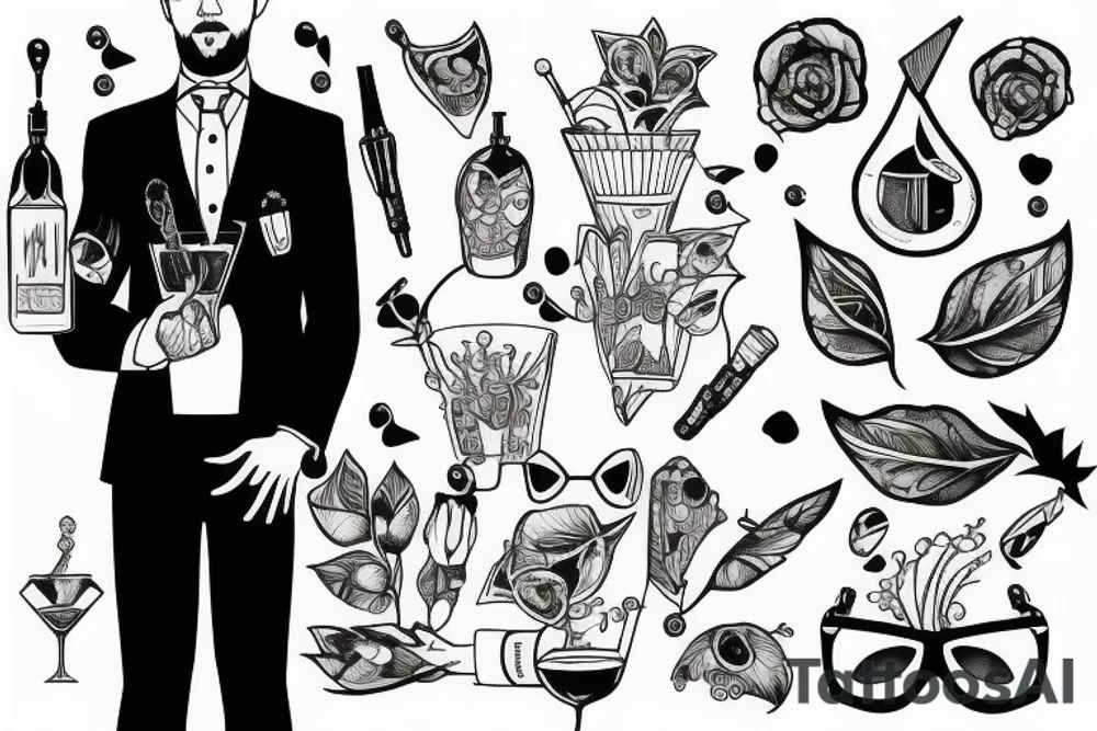 man in suit holding a martini glass tattoo idea