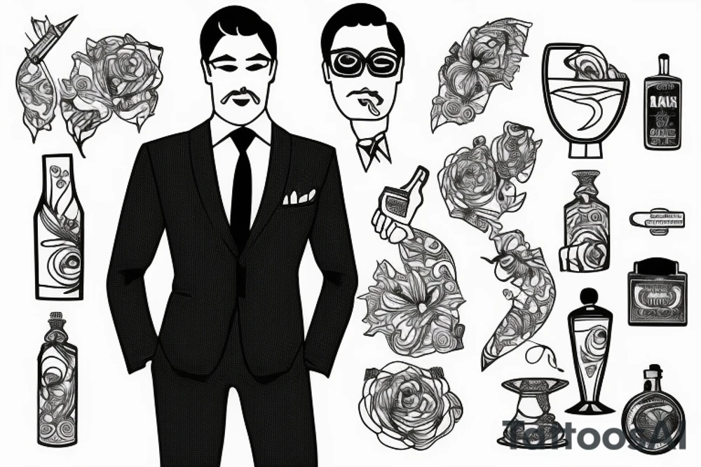 man in suit holding a martini glass tattoo idea