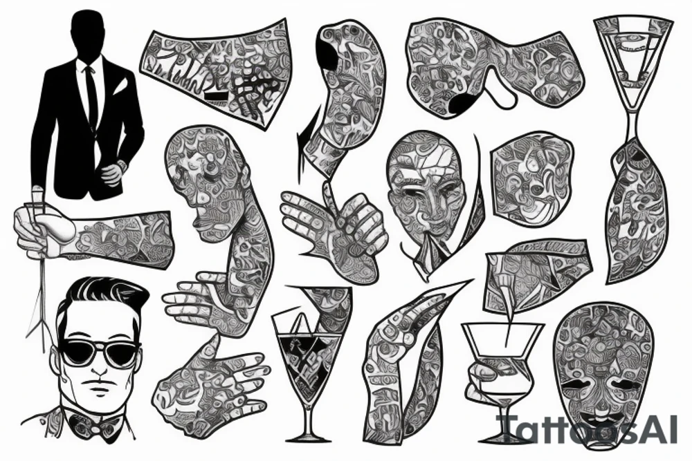 man in suit holding a martini glass tattoo idea