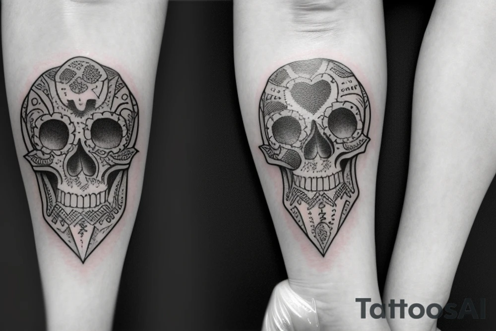 two skulls back to back one brain one heart tattoo idea