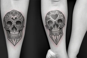 two skulls back to back one brain one heart tattoo idea