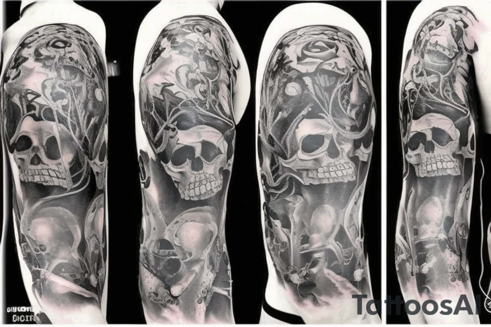 two skulls back to back with one brain and one heart tattoo idea two skulls back to back with one brain and one heart tattoo idea