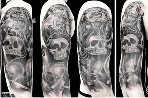 two skulls back to back with one brain and one heart tattoo idea