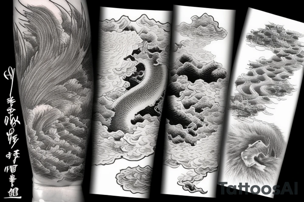 sun, month, mountains, waves, swallow, Japanese dragon, cat, lotus, magnolia, sakura, vine, wheat, tree, eagle feather, fire, fox tail, peony tattoo idea