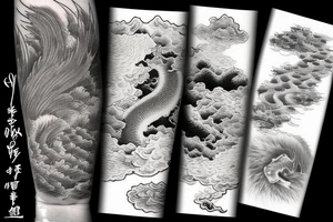 sun, month, mountains, waves, swallow, Japanese dragon, cat, lotus, magnolia, sakura, vine, wheat, tree, eagle feather, fire, fox tail, peony tattoo idea