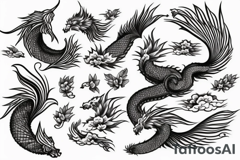 sun, month, mountains, waves, swallow, Japanese dragon, cat, lotus, magnolia, sakura, vine, wheat, tree, eagle feather, fire, fox tail, peony tattoo idea