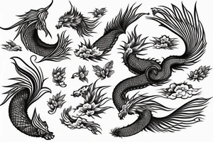 sun, month, mountains, waves, swallow, Japanese dragon, cat, lotus, magnolia, sakura, vine, wheat, tree, eagle feather, fire, fox tail, peony tattoo idea