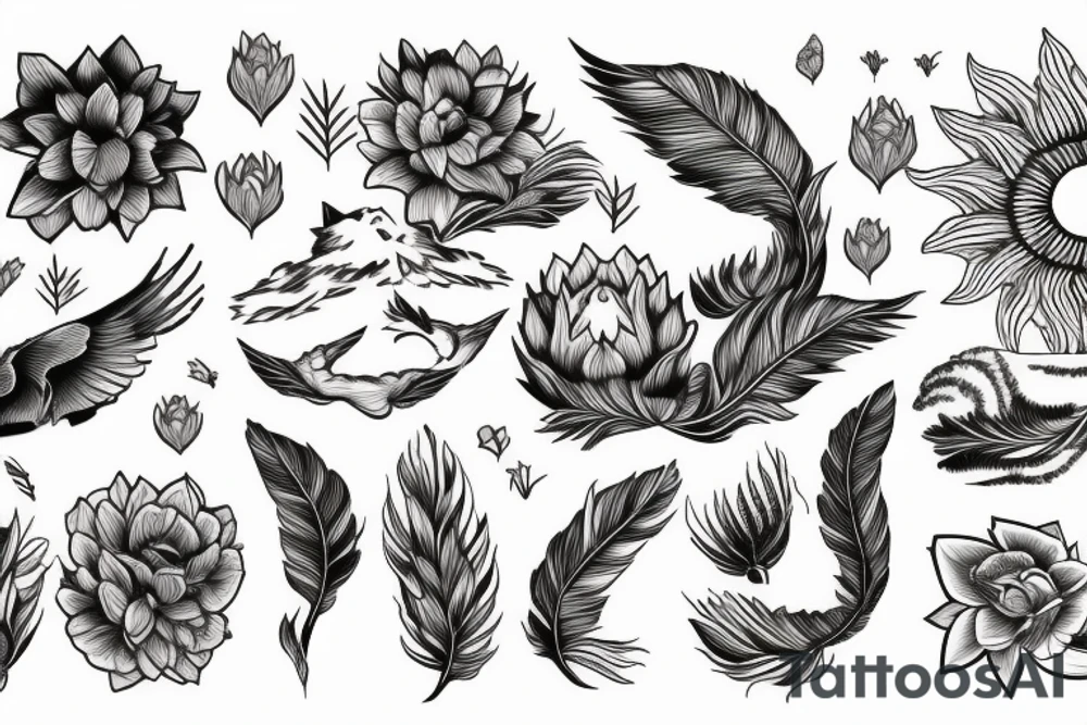 sun, month, mountains, waves, swallow, cat, lotus, magnolia, sakura, vine, wheat, tree, eagle feather, fire, fox tail, peony tattoo idea