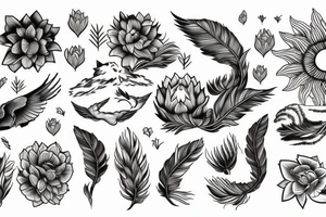 sun, month, mountains, waves, swallow, cat, lotus, magnolia, sakura, vine, wheat, tree, eagle feather, fire, fox tail, peony tattoo idea