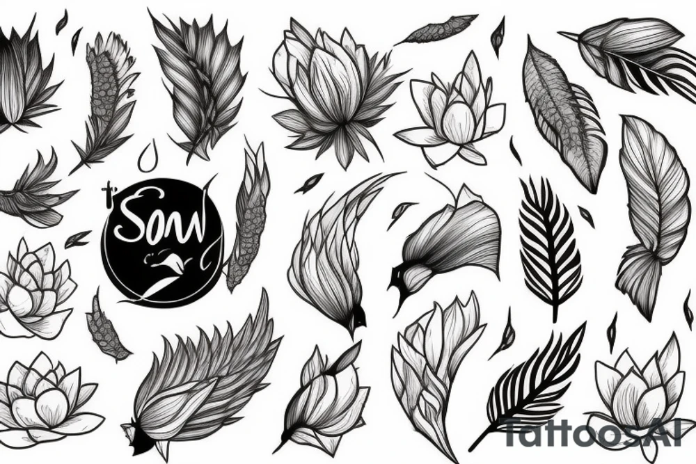 sun, month, mountains, waves, swallow, cat, lotus, magnolia, sakura, vine, wheat, tree, eagle feather, fire, fox tail, peony tattoo idea