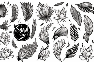 sun, month, mountains, waves, swallow, cat, lotus, magnolia, sakura, vine, wheat, tree, eagle feather, fire, fox tail, peony tattoo idea