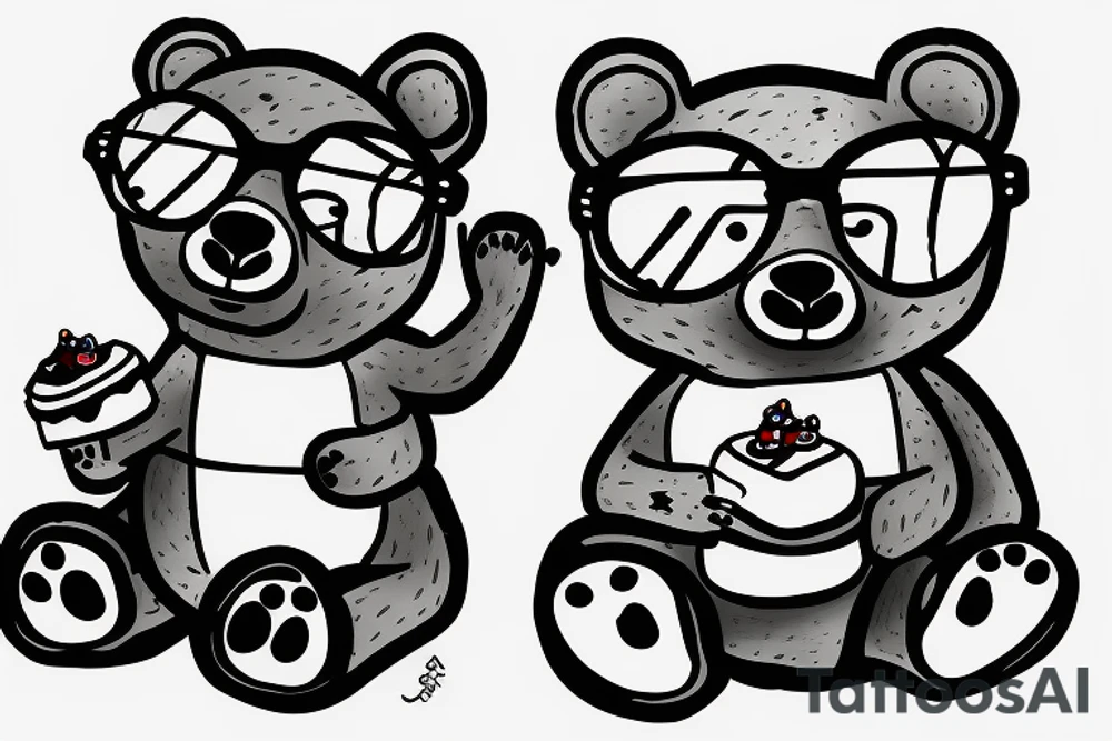 Bear sitting down holding a cake and wearing glasses tattoo idea