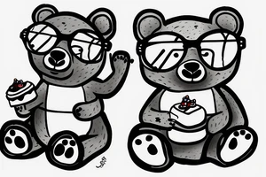 Bear sitting down holding a cake and wearing glasses tattoo idea
