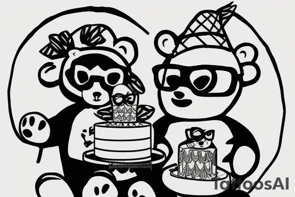 Bear sitting down holding a cake and wearing glasses tattoo idea