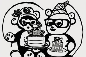 Bear sitting down holding a cake and wearing glasses tattoo idea