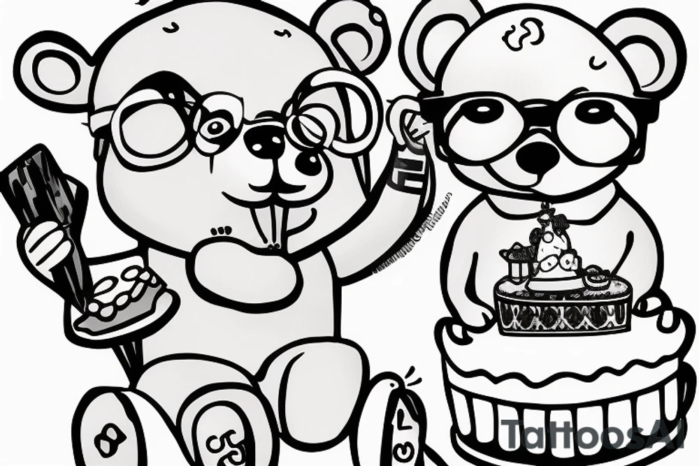 Bear sitting down holding a cake and wearing glasses tattoo idea