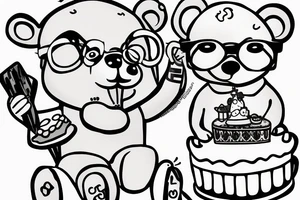 Bear sitting down holding a cake and wearing glasses tattoo idea