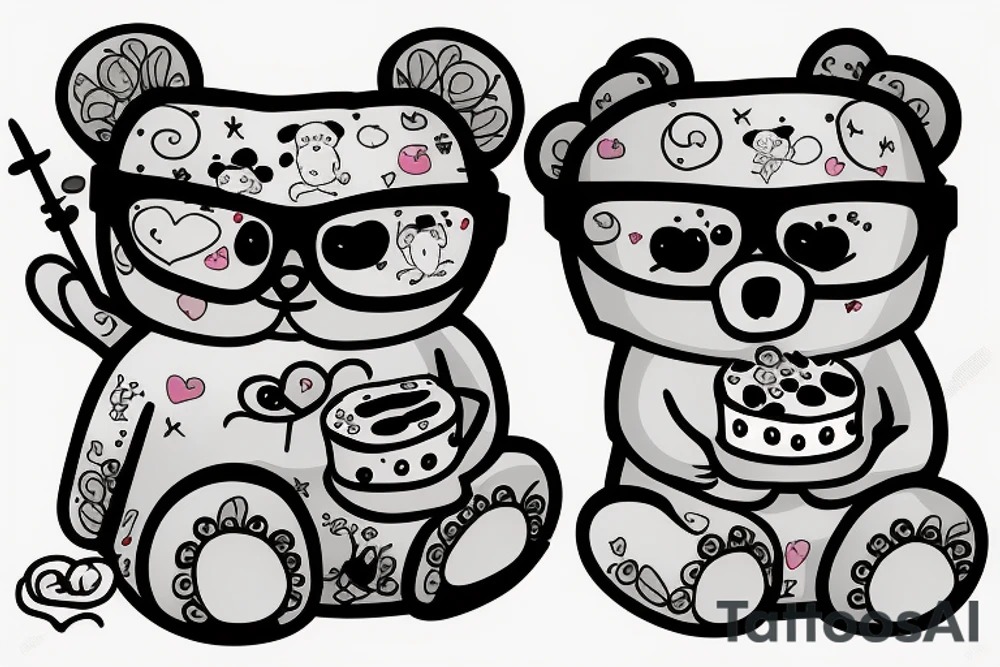 Bear sitting down holding a cake and wearing glasses tattoo idea