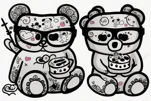 Bear sitting down holding a cake and wearing glasses tattoo idea