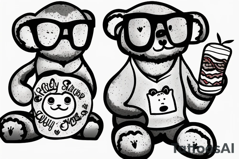 A silly cute looking bear sitting down holding a cake and wearing glasses tattoo idea