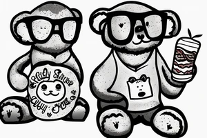A silly cute looking bear sitting down holding a cake and wearing glasses tattoo idea