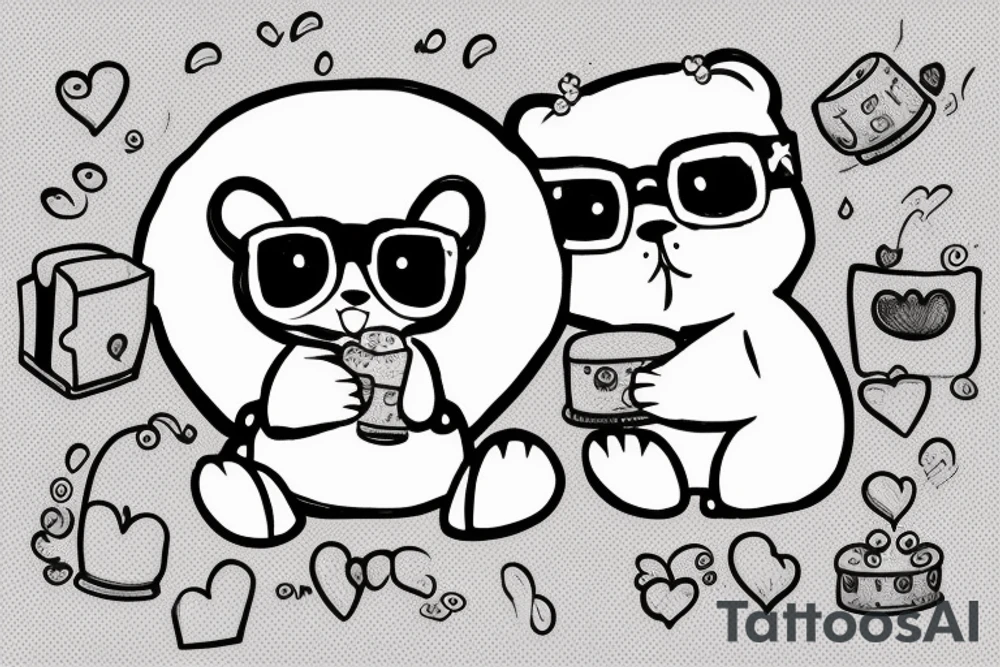 A silly cute looking bear sitting down holding a cake and wearing glasses tattoo idea