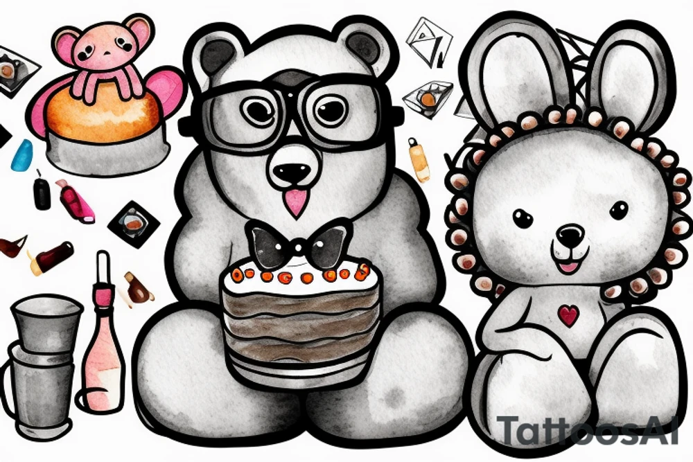 A silly cute looking bear sitting down holding a cake and wearing glasses tattoo idea
