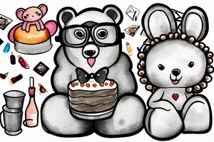 A silly cute looking bear sitting down holding a cake and wearing glasses tattoo idea