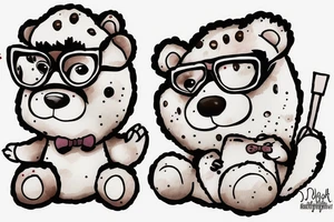 A silly cute looking bear sitting down holding a cake and wearing glasses tattoo idea