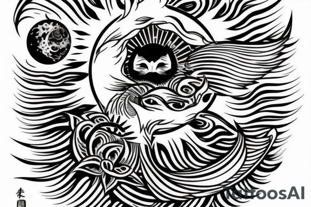black and white full arm linework tattoo with the image of the sun, moon, mountains, waves, swallow, Japanese dragon, cat, lotus, magnolia, sakura, vine, wheat, tree, eagle feather, fire, fox tail, peony tattoo idea