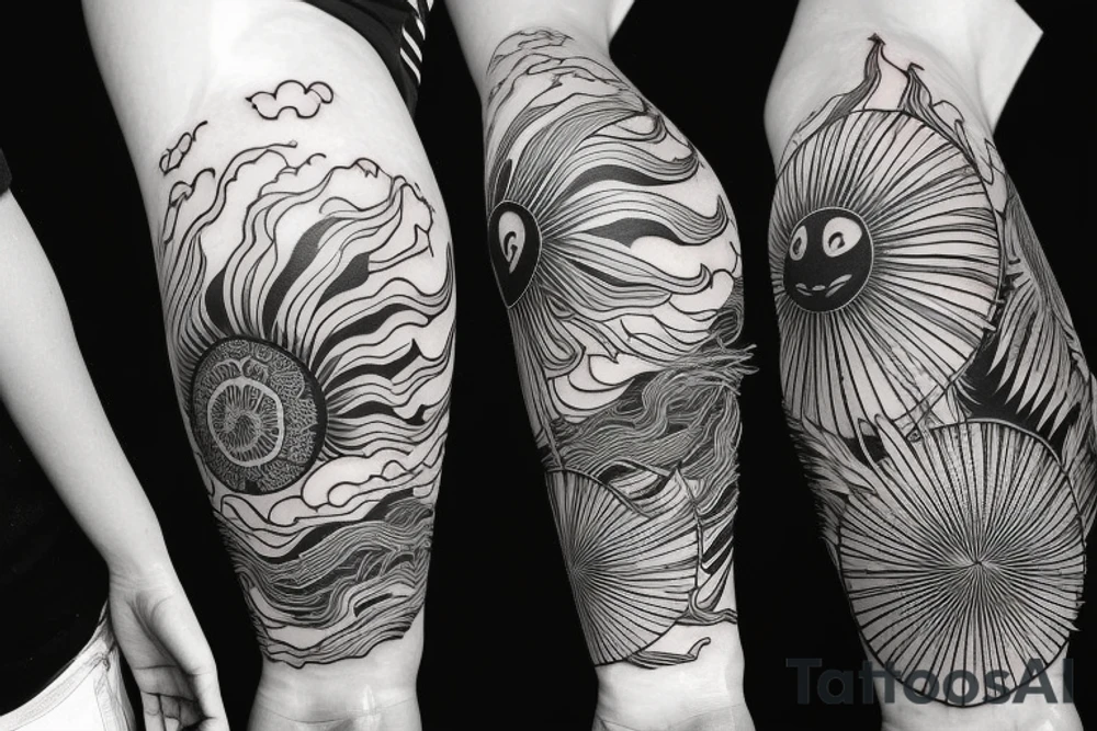 black and white full arm linework tattoo with the image of the sun, moon, mountains, waves, swallow, Japanese dragon, cat, lotus, magnolia, sakura, vine, wheat, tree, eagle feather, fire, fox tail, peony tattoo idea