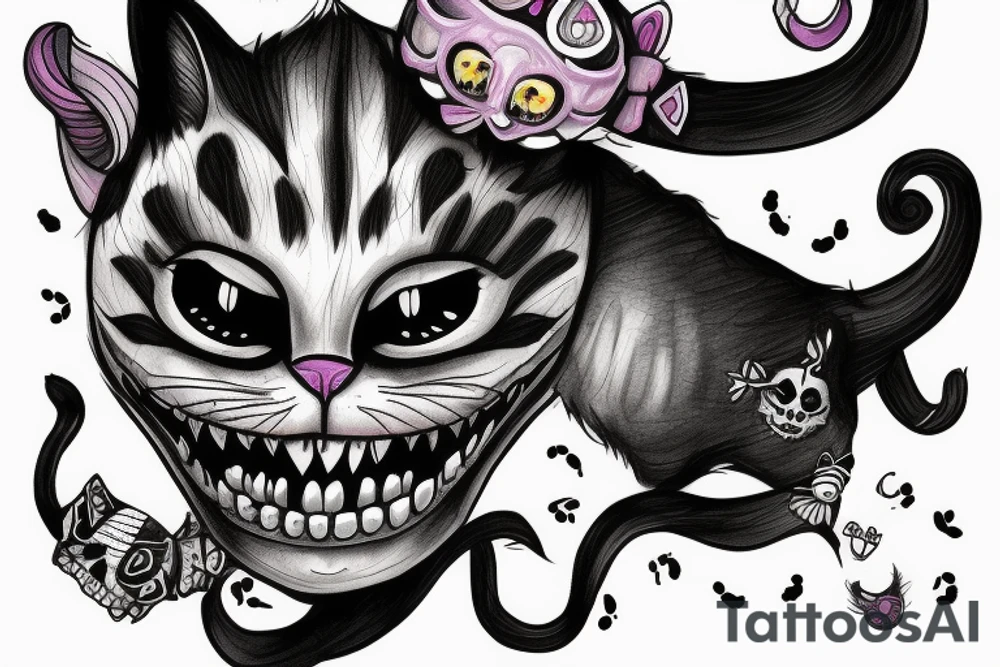 Cheshire cat with skulls instead of eyes and cigarette tattoo idea