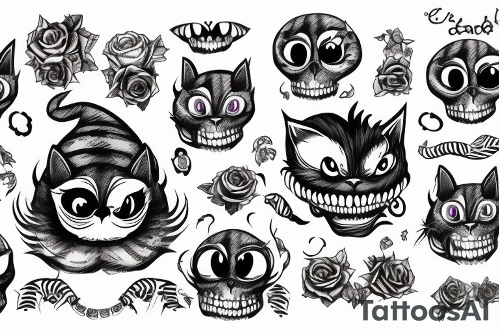 Cheshire cat with skulls instead of eyes and cigarette tattoo idea