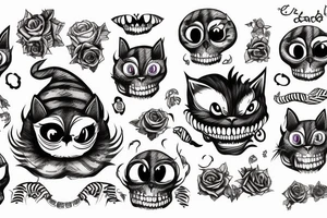 Cheshire cat with skulls instead of eyes and cigarette tattoo idea