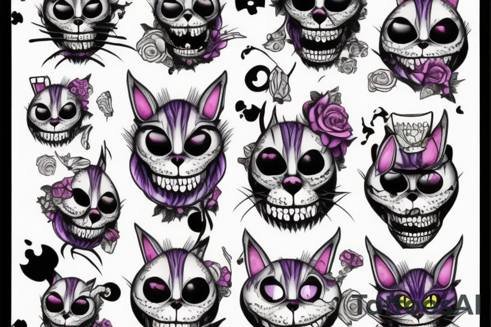Cheshire cat with skulls instead of eyes and cigarette tattoo idea