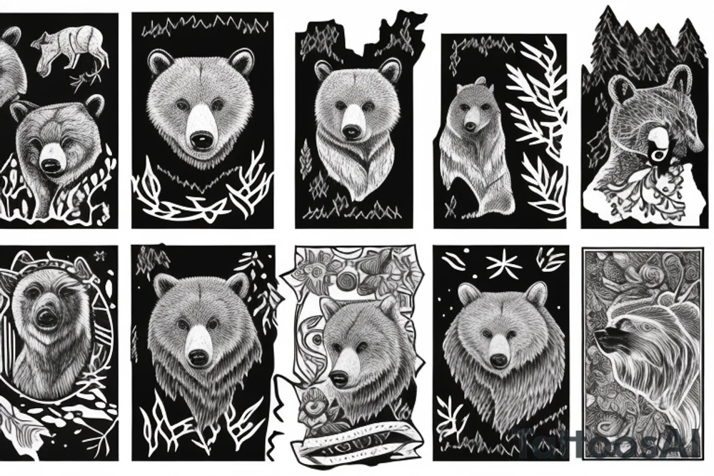 A grizzly bear and a fox surrounded by pacific northwest forest tattoo idea A grizzly bear and a fox surrounded by pacific northwest forest tattoo idea